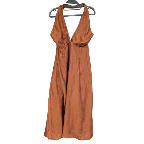 Lost + Wander Halter Midi Dress Bronze Brown Sleeveless Smocked Back Size Large - Picture 1 of 8